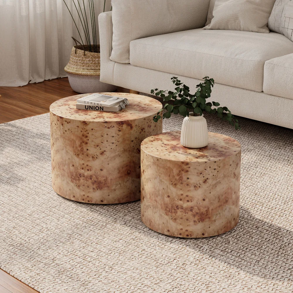 Modernes 2-teiliges Rundes Ineinanderstellbares Couchtisch-Set Holz-Kreis-Akzenttisch Natürlicher Maser Wohnzimmer Schlafzimmer Büro Trommel-Beistelltisch