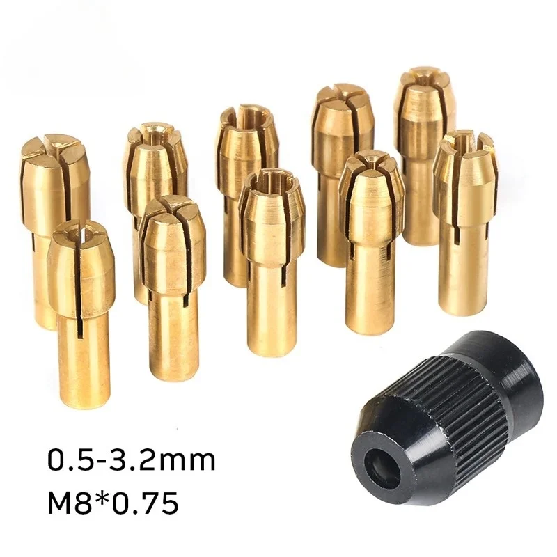 11-teiliges Set Mini-Bohrer-Messingspannzangen für Dremel Rotationswerkzeug 0,5-3,2mm Messing und Mutter für Dremel Zubehör-Set Image