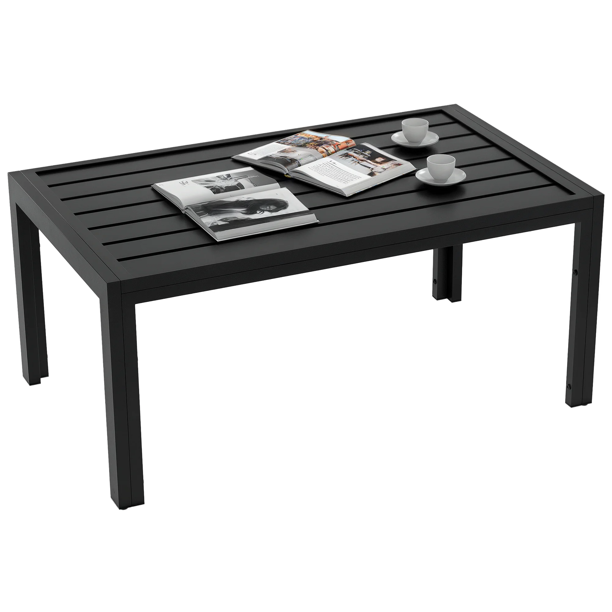 Rechteckiger Terrassen-Beistelltisch, 101,5 x 61 x 46 cm, Stahlgestell, Lattenplatte, schwarze Gartenmöbel