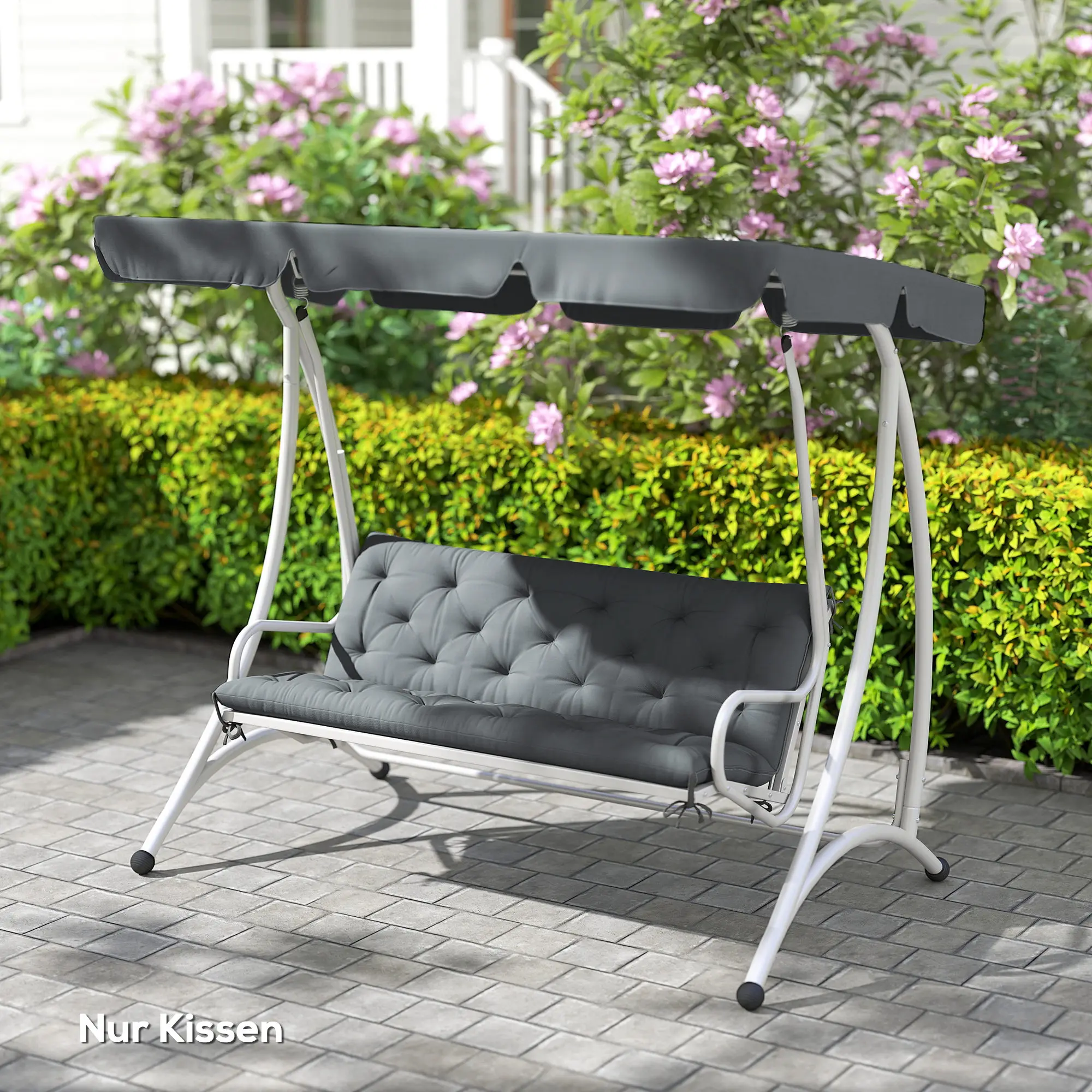 Dreisitzer-Bankkissen 150 x 98 x 8 cm mit Befestigungsgurten, Sitzkissen, Rückenkissen, Geeignet für Innen- und Außenbereich, Bankkissen, Gartenbank, Gartenmöbel, Hollywood-Schaukel, Dunkelgrau