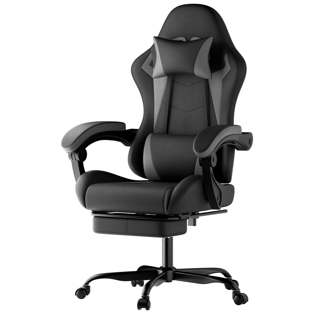 Gaming-Stuhl Ergonomischer Gaming-Sessel mit Lendenkissen und Kopfstütze, PC-Stuhl für Erwachsene Mädchen Jungen, Schwarzgrau