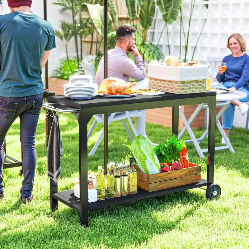 Garten-Servierwagen aus Stahl mit Rollen und Arbeitsfläche 135 x 55 x 86,5 cm, schwarz