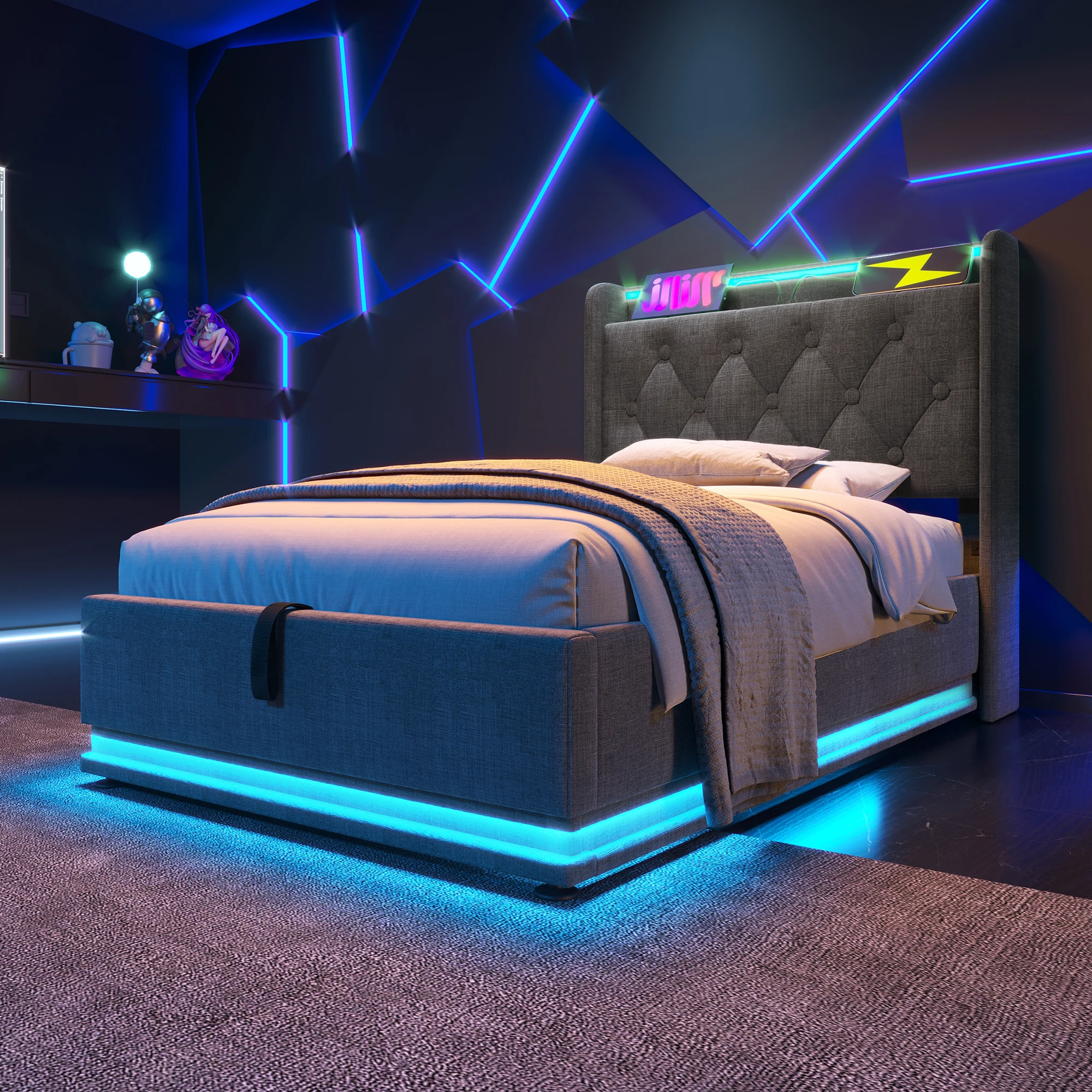 Stauraumbett 90×200 cm, Einzelbett - LED 360, USB, Typ-C und Regale - Leinen Grau Image