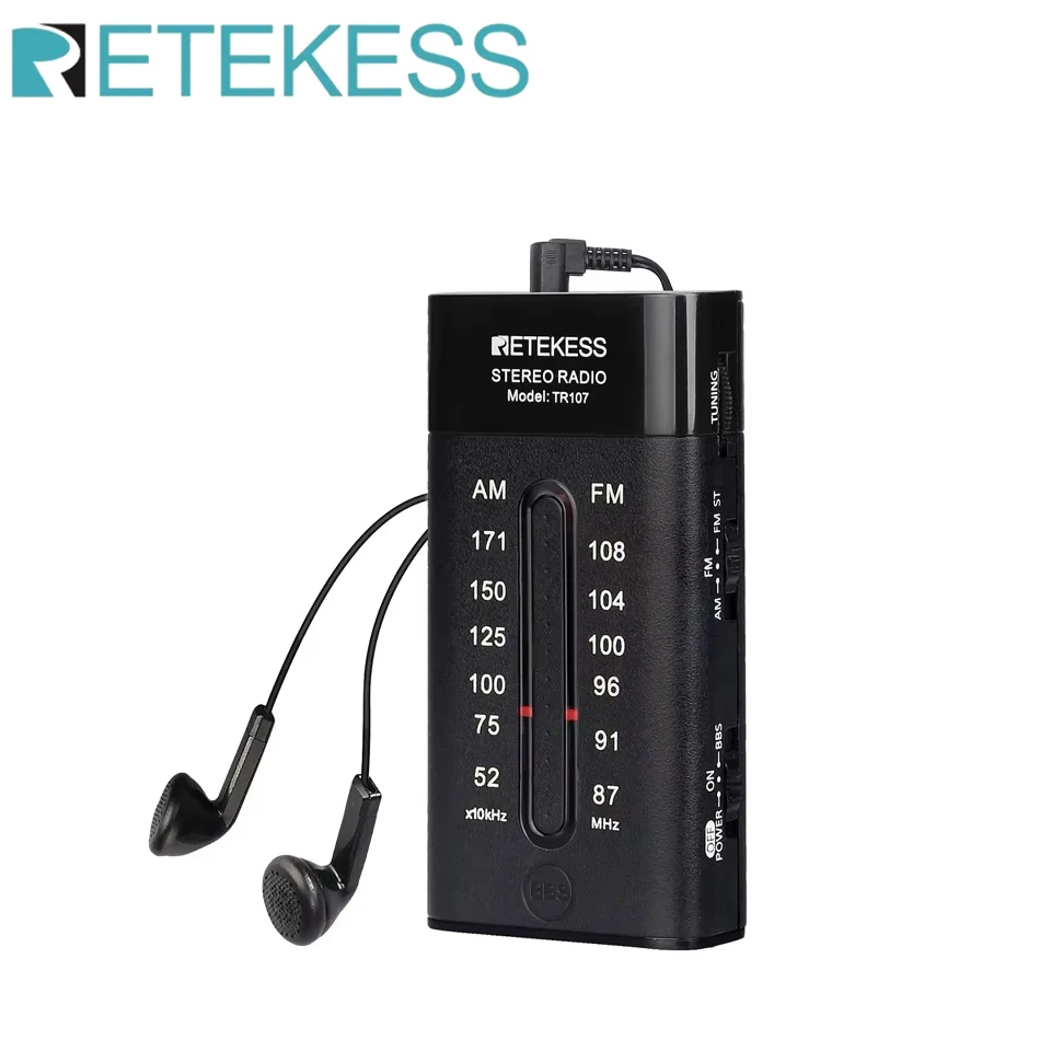 RETEKESS TR107 Tragbares Mini-Taschenradio FM AM Pointer Tuning Stereo Unterstützung BBS Mega Bass mit Kopfhörer für Walk Jogging Gym Image