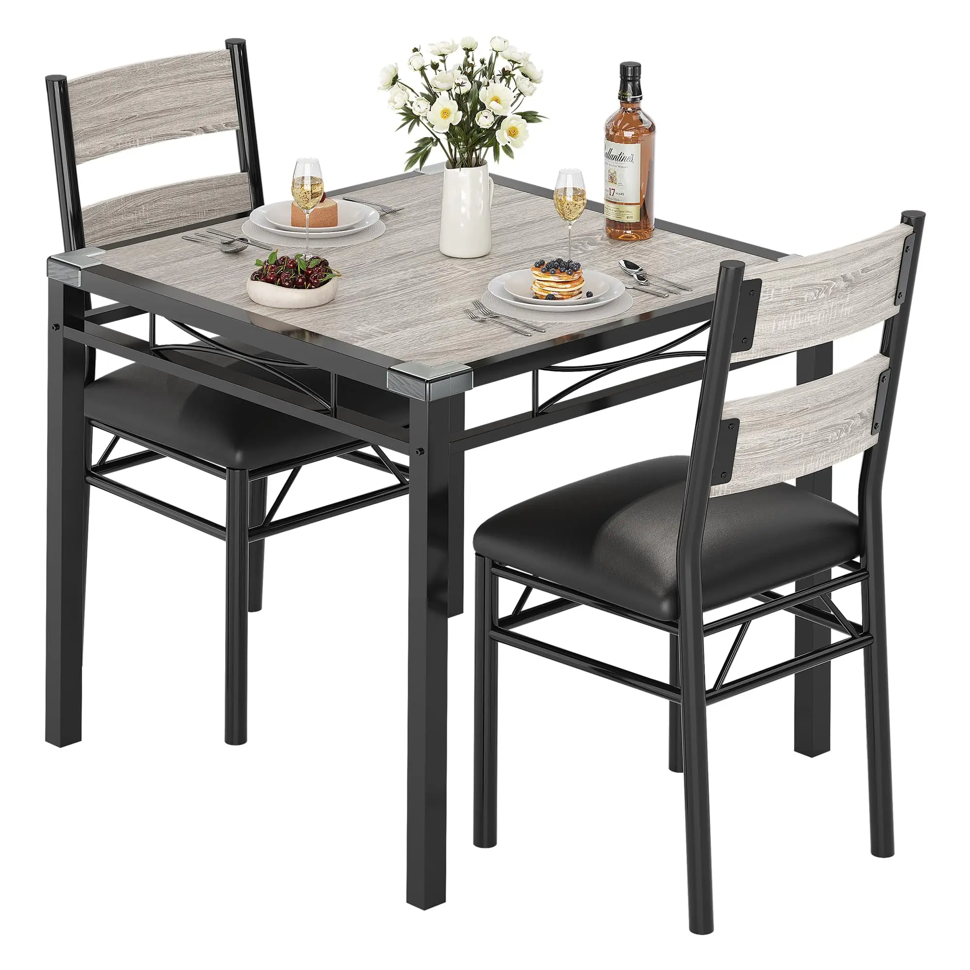 Platzsparendes Essgruppe Set – 3-teiliges Esstisch und 2 gepolsterte Stühle – Perfekt für Küche, Apartment oder Frühstücksecke – Robuster Holztisch mit Eckenschutz Farbe: Grau, Set: 1+2