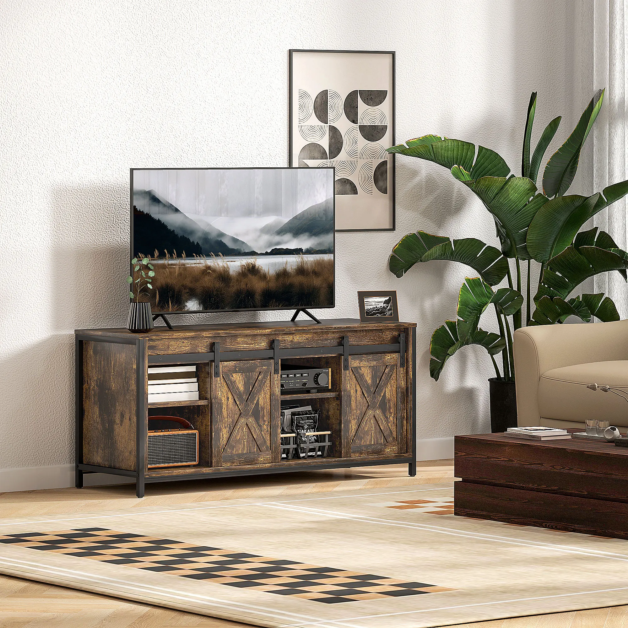 Meuble TV industriel style ferme 120 cm, console multimédia rustique avec portes coulissantes et cadre métallique, meuble TV robuste supportant 50 kg pour téléviseurs de 43 à 60 pouces, meuble de
