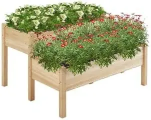 Hochbeet mit 2 Ebenen: 84x84x74 cm Pflanzkübel aus massivem Tannenholz – Standbeete für draußen mit 8 Entwässerungsöffnungen, 220 kg Tragfähigkeit, ideal für Blumen, Gemüse & Kräuter, Terrasse, Balkon