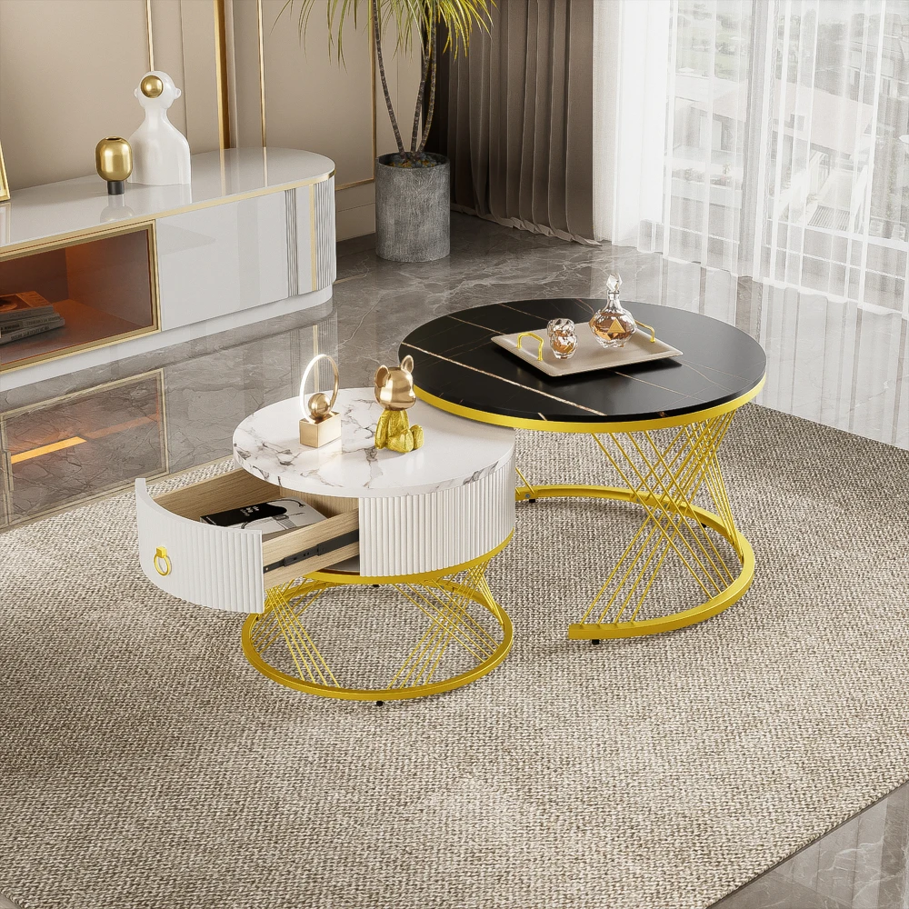Eleganter Montierter Couchtisch 2-teiliges Set Marmor-Look Gold-Dekor Beistelltisch mit Schubladen Wohnzimmermöbel