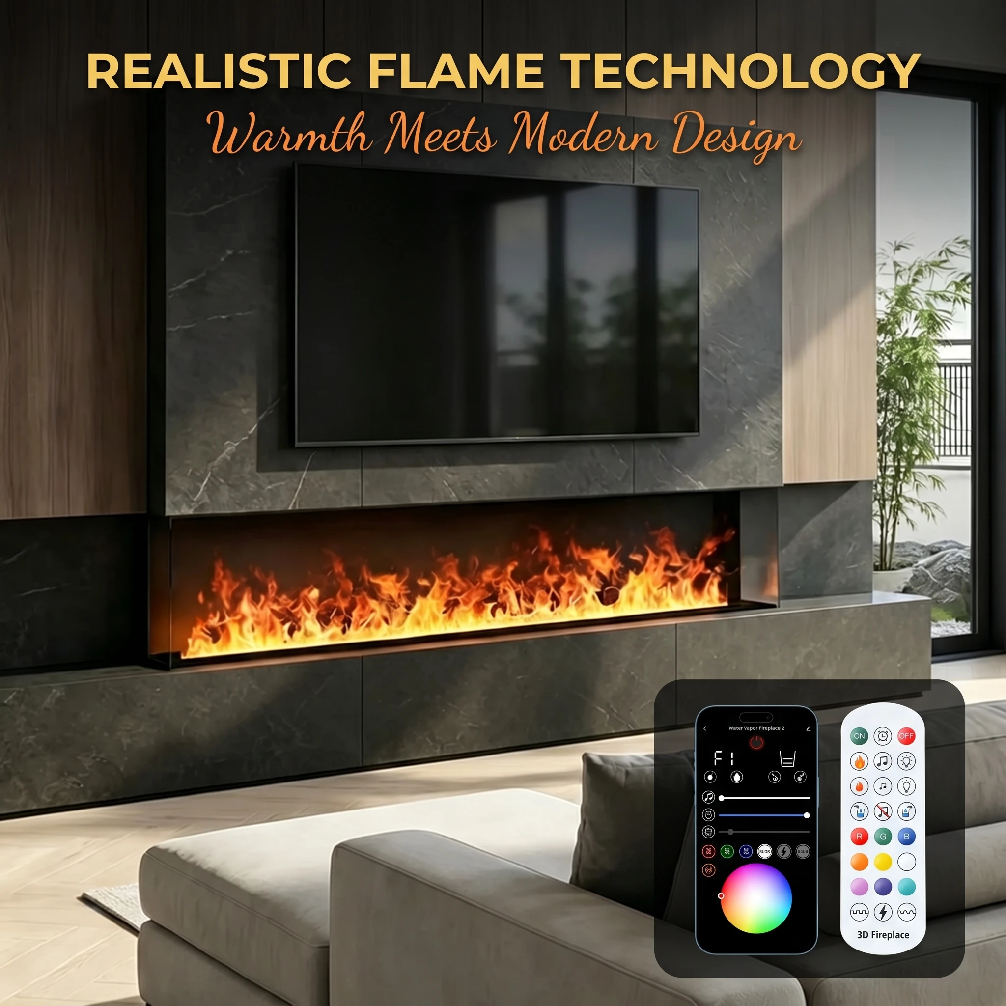 Atomisierender Kamin-TV-Wandkamin für Smart Home mit Kaminholzknirscheffekt, Wasserdampf-Luftbefeuchter und elektrischem Kamin