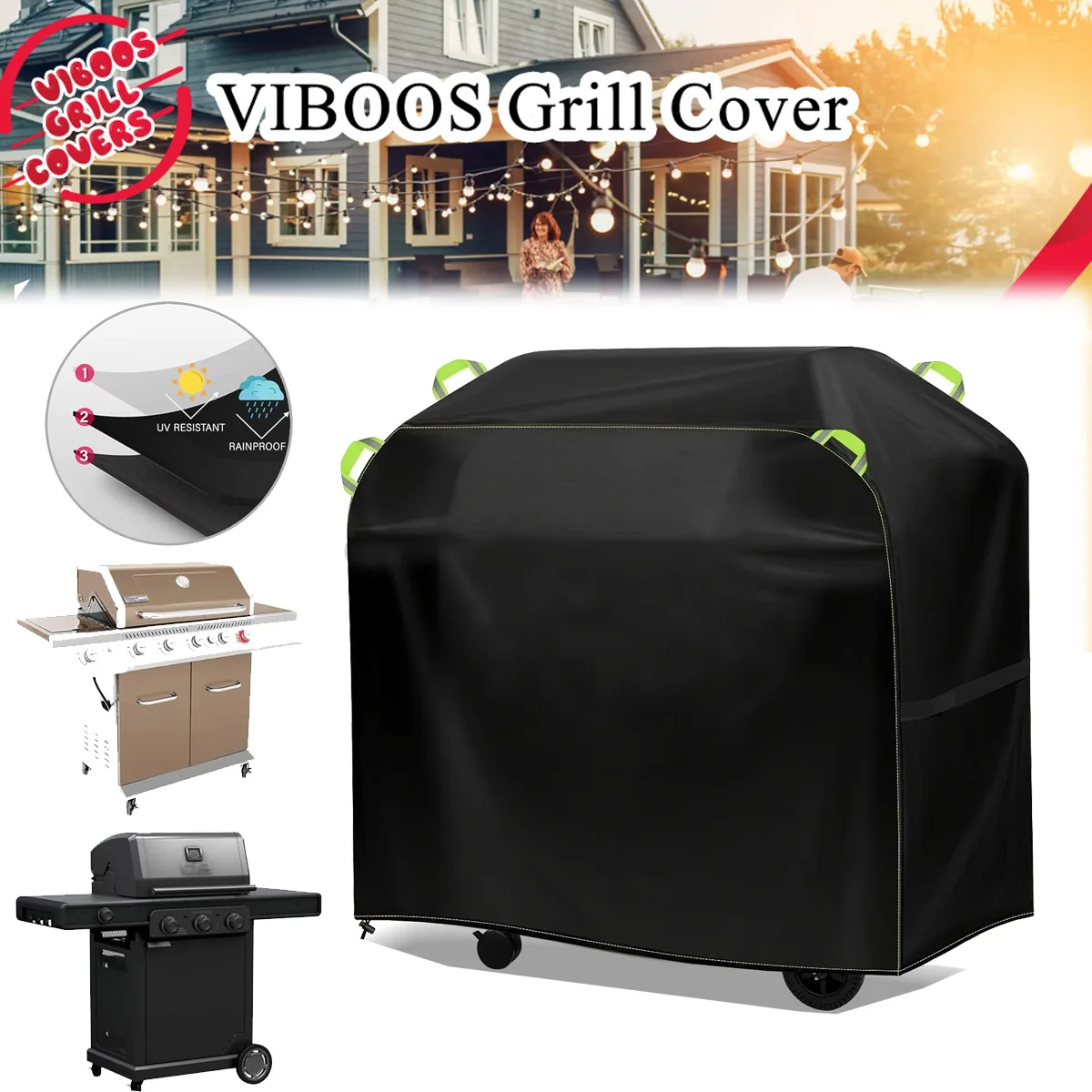 BBQ-Abdeckung, Gasgrill-Abdeckung, Geeignet für Outdoor-Grillen, Wasserdicht, UV-beständig, 4 Handgehaltene Verstellbare Saum-Kordelzüge Image