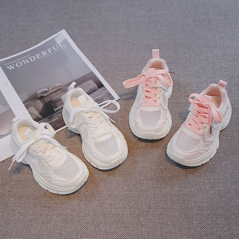 Sommer-Sneaker für Kleinkinder, atmungsaktives Mesh, klobige Sneaker zum Schnüren, rutschfeste, weiche Sohle für den täglichen Gebrauch, Schule, Laufen im Freien, Spielen Image
