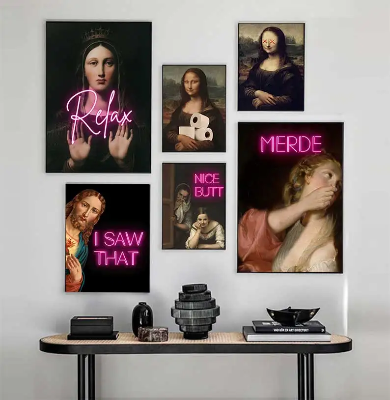 Vintage Lustiges Toilettenschild, Renaissance-Kunst, Porträt-Poster, Mona Lisa, Wandkunst-Bilder, Leinwandgemälde, Badezimmer-Dekoration Image
