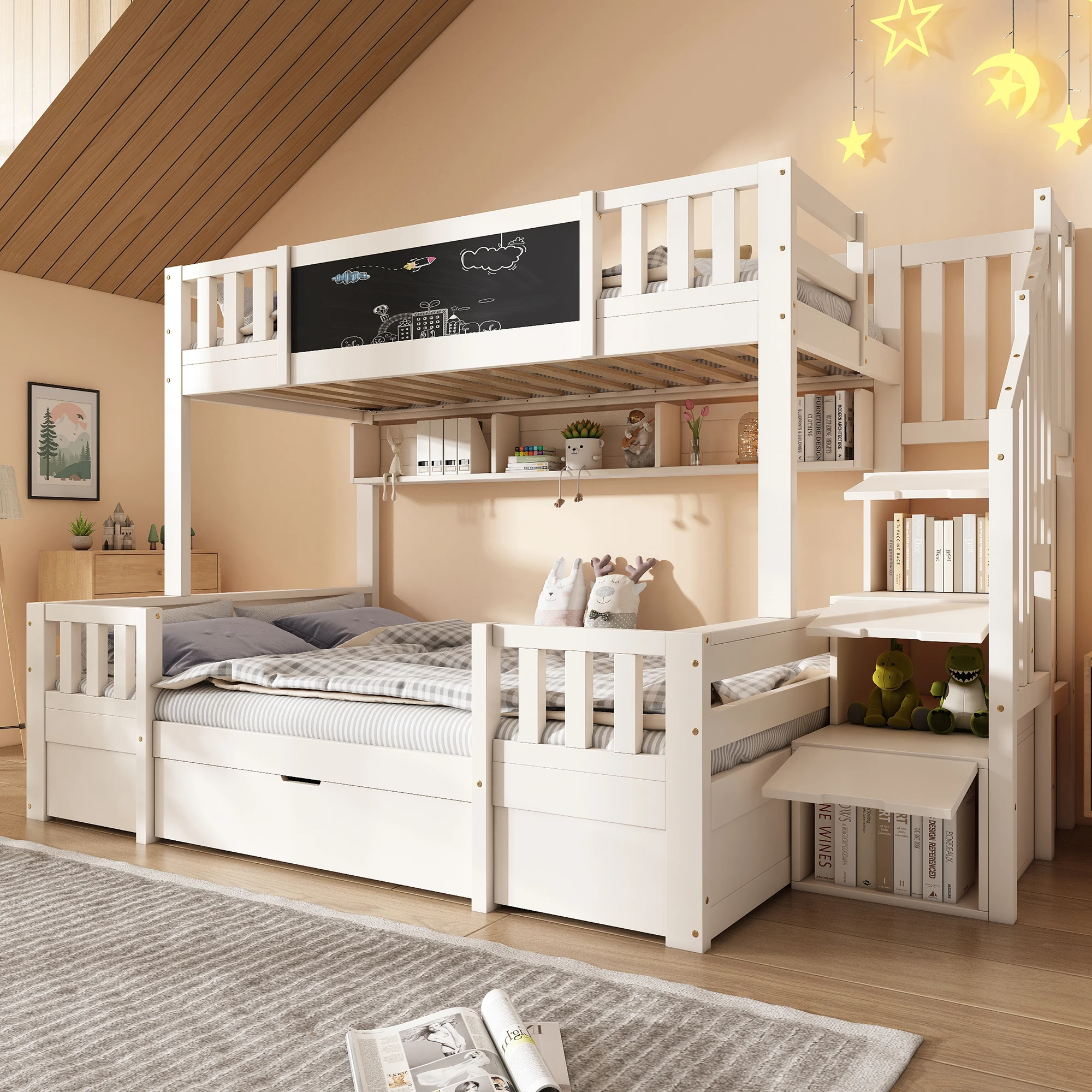 Etagenbett 90×200 cm und 140×200 cm, 3 Schlafplätze – Kleiderschrank, Treppe, Schubladen und Schiefertafel – ohne Matratze – Weiß