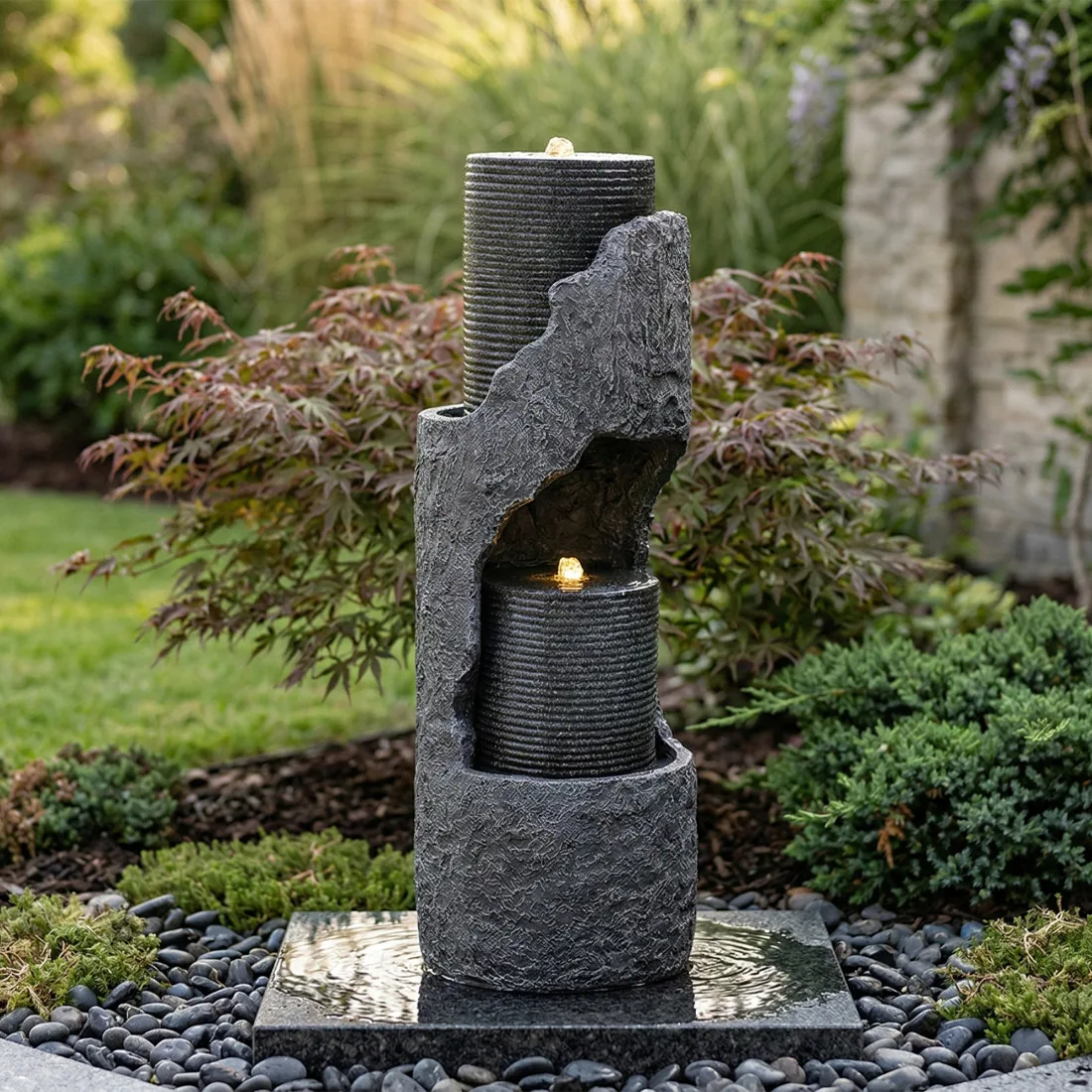 Gartenbrunnen mit LED-Beleuchtung & Wasserpumpe, Dekorativer Kunststein-Pool, Innen- und Außen-Wasserspiel für Garten und Terrasse, Grau