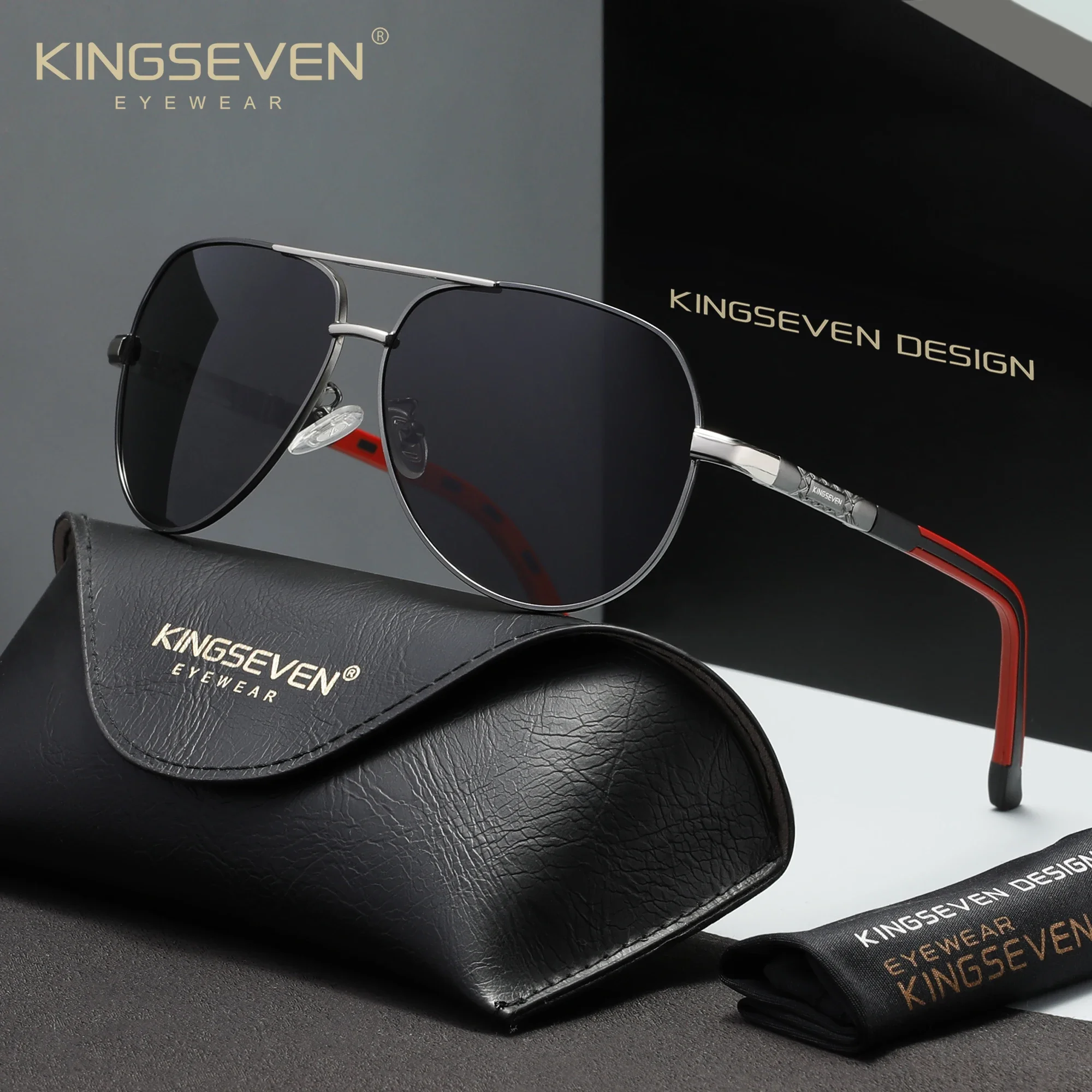 KINGSEVEN Marke Aluminium-Polarisations-Sonnenbrille für Herren, Pilotenbrille, UV400-Fahrbrille Image