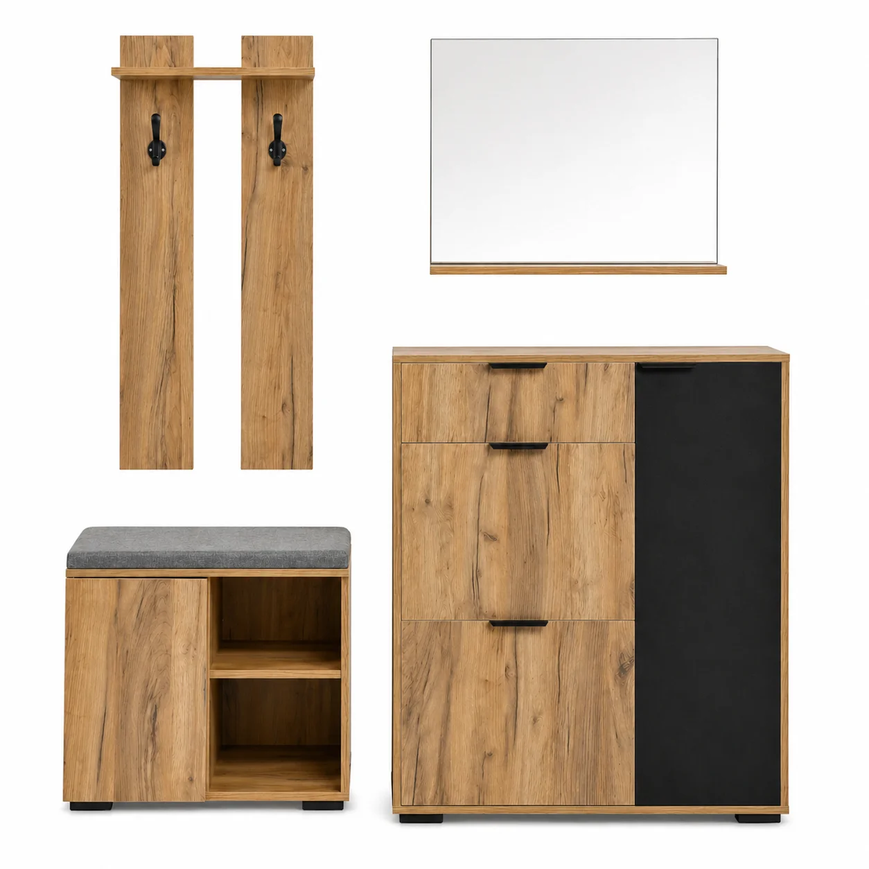 Flur-Garderoben-Set mit Schuhschrank, Schuhbank, Spiegel und Wandgarderobe, 140 x 35 x 139 cm, Spanplatte, naturfarben/schwarz, 2 Haken, 4 Türen, 1 Schublade Image