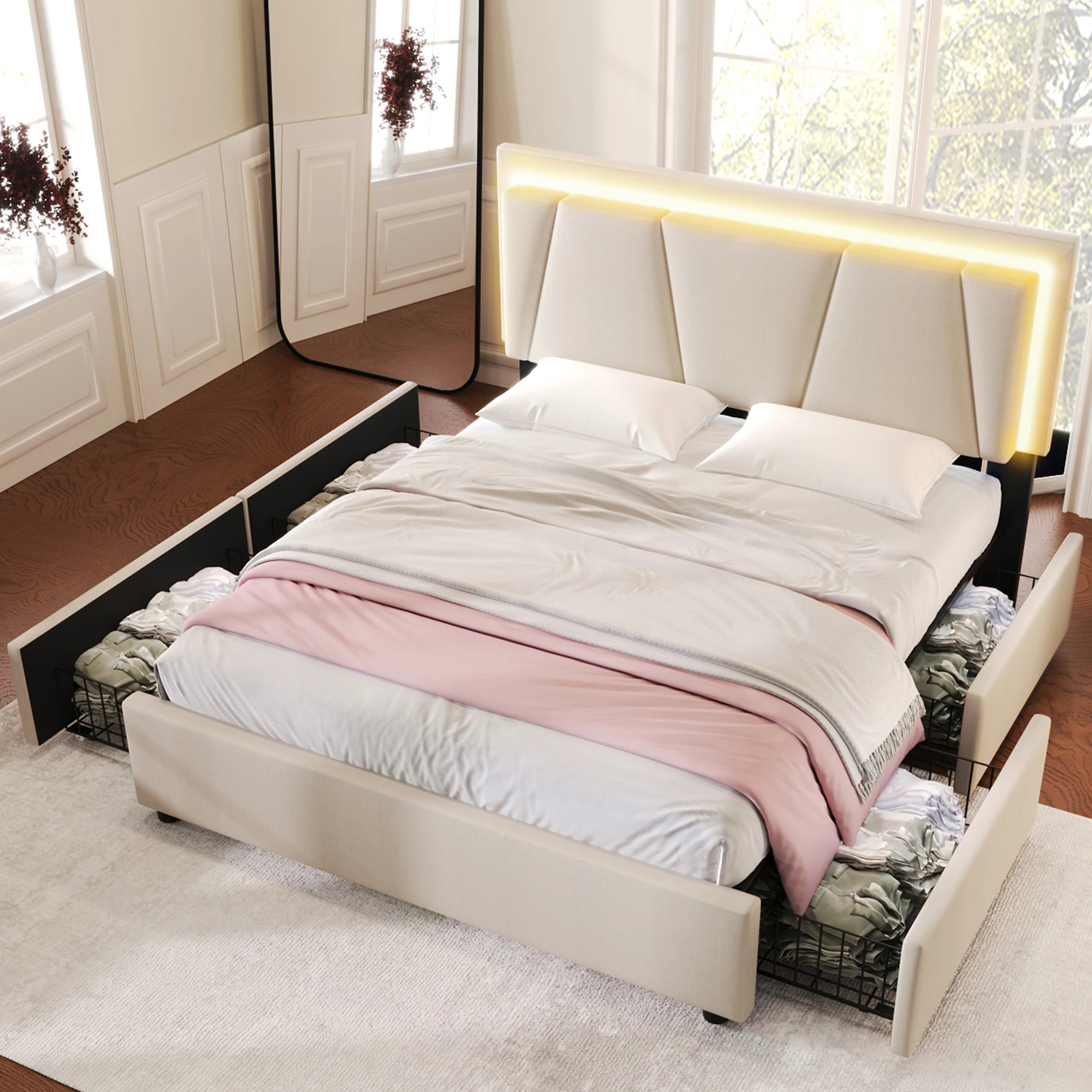 Bett mit Schubladen 140×200 cm, Doppelbett - 4 Schubladen, verstellbares Kopfteil und LED - Beige Image