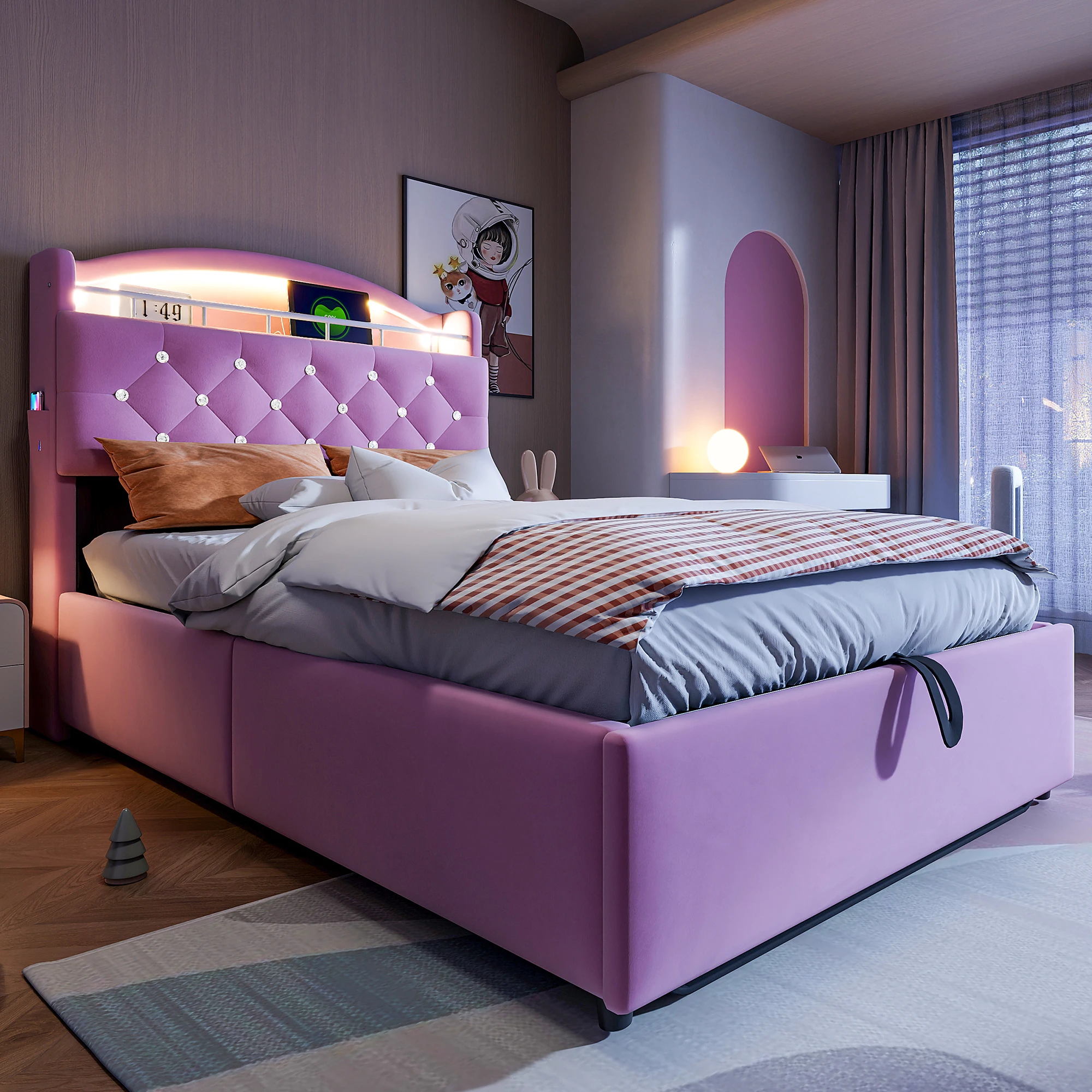 Kinder-Castorbett 90x200 cm, LED, USB & Stauraum, stabil, für Zimmer, platzsparend, Samt rosa, ohne Matratze Image