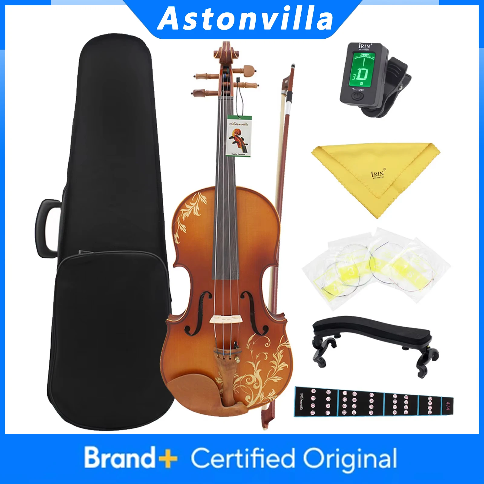 Astonvilla AV-608 4/4 Violine aus Massivholz, Akustische Violine mit Koffer, Bogen, Saiten, Schulterstütze, Stimmgerät, Reinigungstuch, Violinteile und Zubehör Image