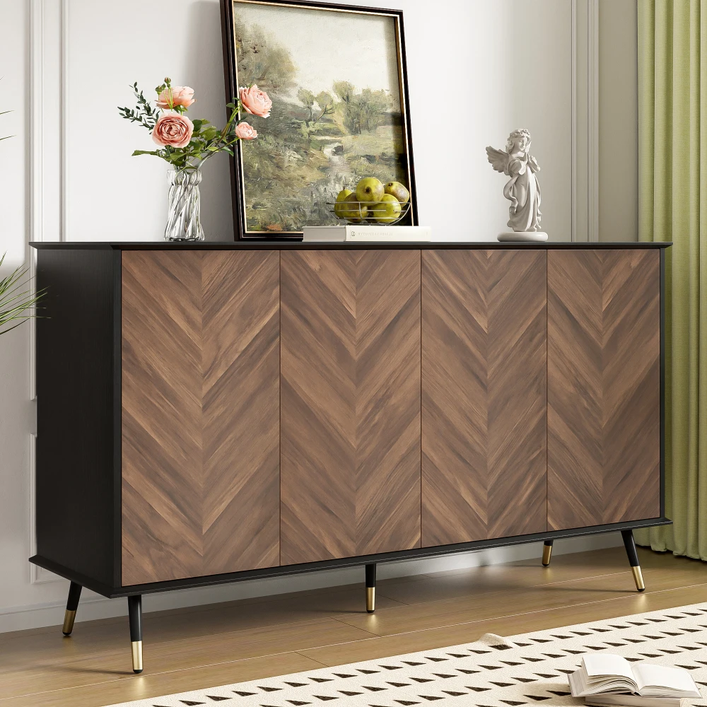 Aufbewahrungsschrank, Sideboard mit Fischgrätmuster, 4-türig, höhenverstellbar, für Wohnzimmer, Flure, Vintage-Stil Image