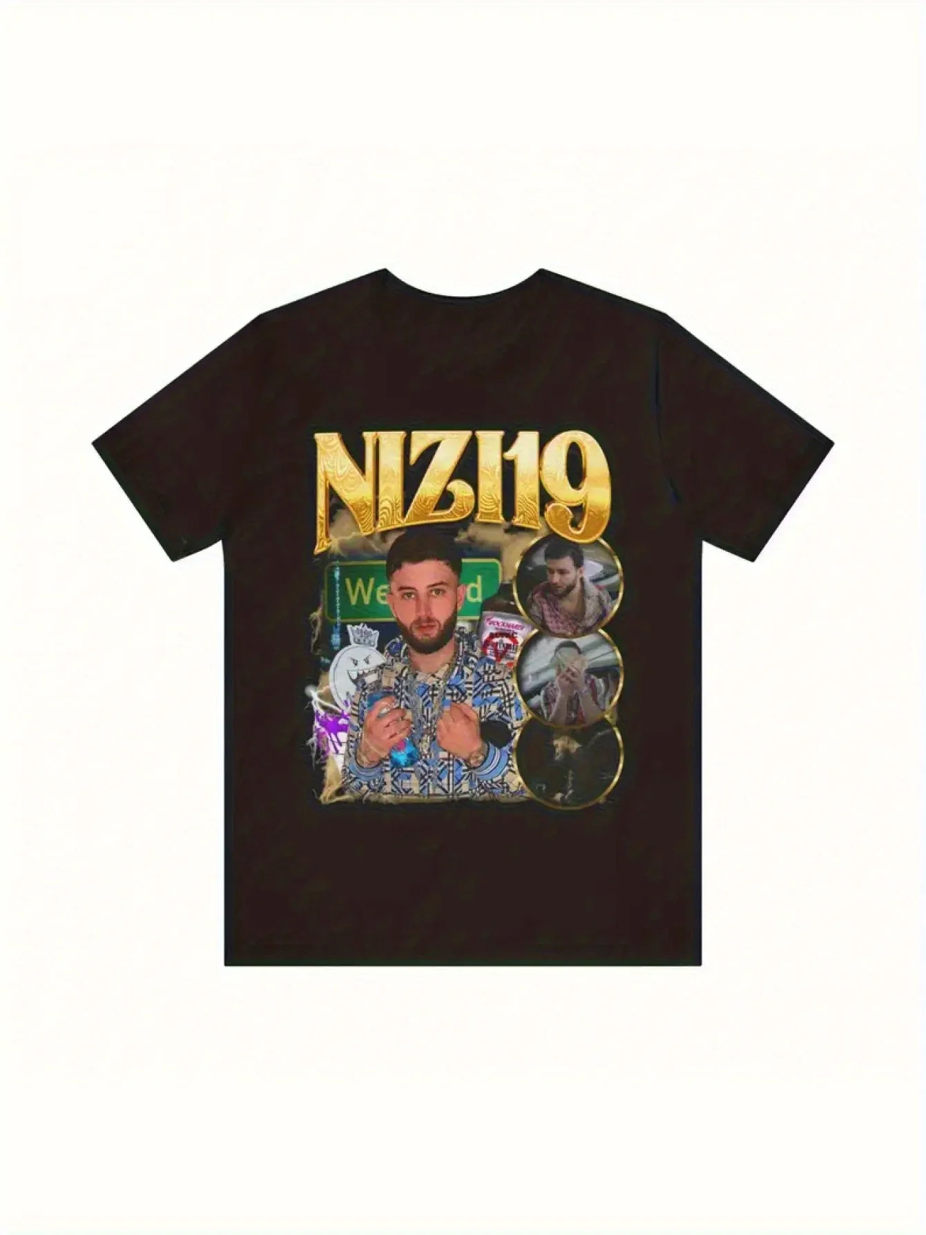 Nizi19 Offizielles Produkt Übergroßes schwarzes T-Shirt – Ein Vintage-Hip-Hop-Grafik-T-Shirt aus den 90er Jahren mit dem NIZI19-Logo und einem Design von Image