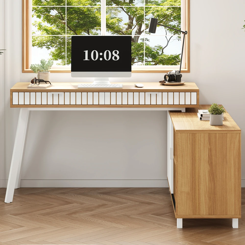 L-förmiger Schreibtisch, moderner minimalistischer Stil, vertikales Streifenmuster, Stahlbeine, zwei Schubladen, Naturfarbe + Weiß Image