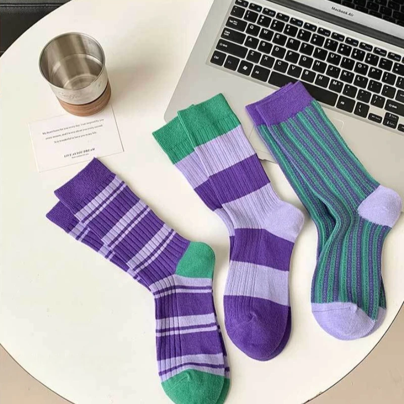 3 Paar mittellange Damen-Socken für Herbst und Winter, neu, gestreift, trendig, einfach, bequem, lässig, vielseitig, geruchsabweisend Image