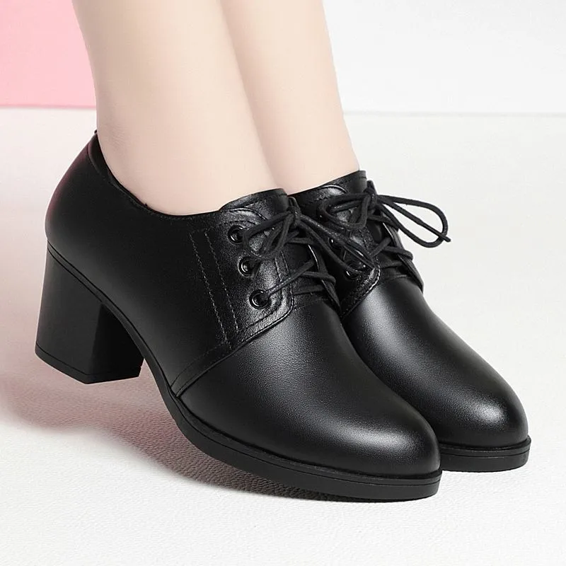 Damen Oxford Schuhe Schwarz Britischer Stil Blockabsatz Pumps für Büro Arbeit Elegant Geschnürt Kunstleder Spitz Zulaufend Formelle Halbschuhe Damenschuhe High Heels Business Mode Frühjahr Sommer