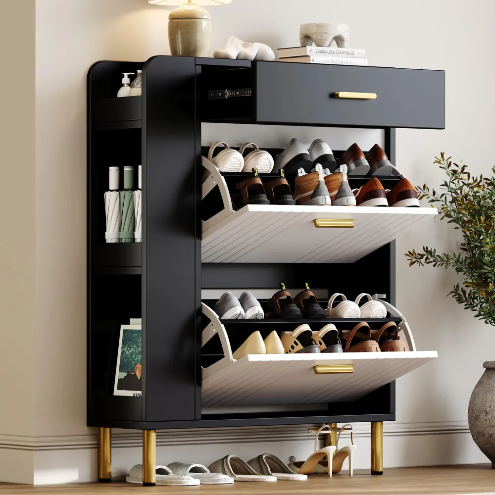 Schmaler schwarz-weißer Schuhschrank, 2 Klappen, 1 Schublade, 3 offene Regale, 80×24×105cm