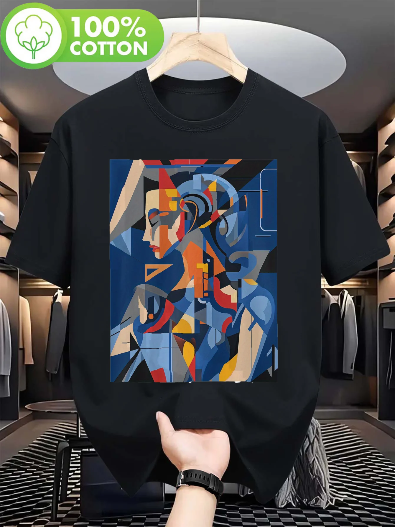 Herren-T-Shirt mit Kubismus-Kunst-Motiv – Modernes kubistisches Grafik-T-Shirt mit blau/orange/rot/schwarz/weiß/gelbem geometrischem Kubismus-Stil – Weiches, atmungsaktives Kurzarmshirt für Fitness,