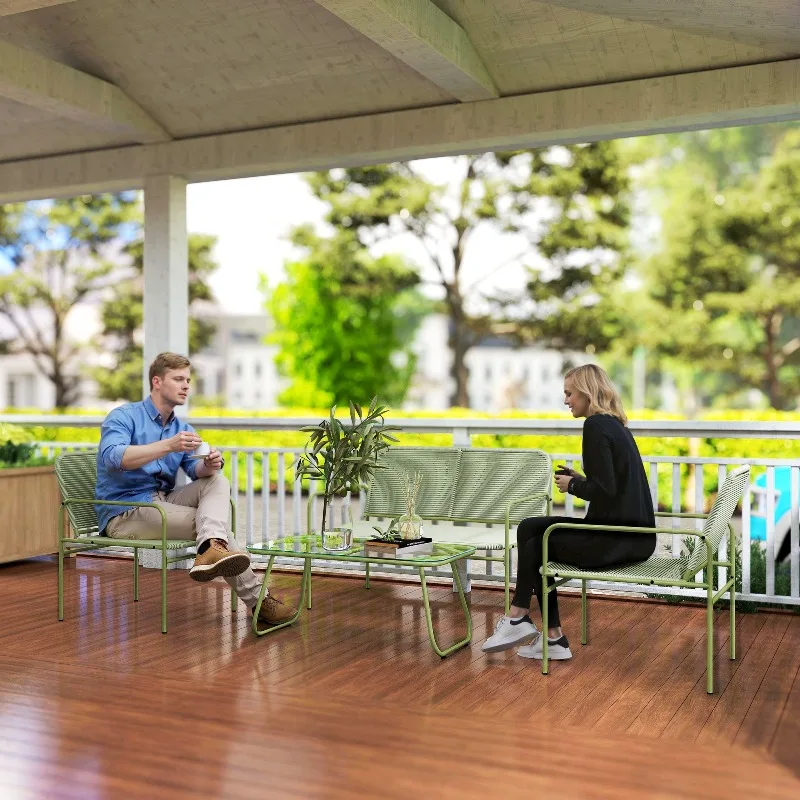 Gartenmöbel-Set aus geflochtener Kunstharzoptik für 4 Personen, 2-Sitzer-Sofa, 2 Stühle, Tisch aus gehärtetem Glas, Stahlgestell in Grün