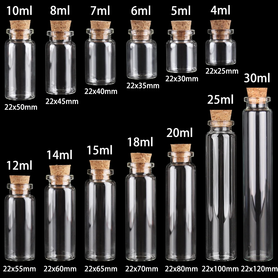 10 pezzi 4 ml/5 ml/6 ml/7 ml/8 ml/10 ml/12 ml/14 ml/15 ml/18 ml/20 ml/25 ml Bottiglie dei desideri in vetro con tappo in sughero per regalo di nozze 13 dimensioni U-pick