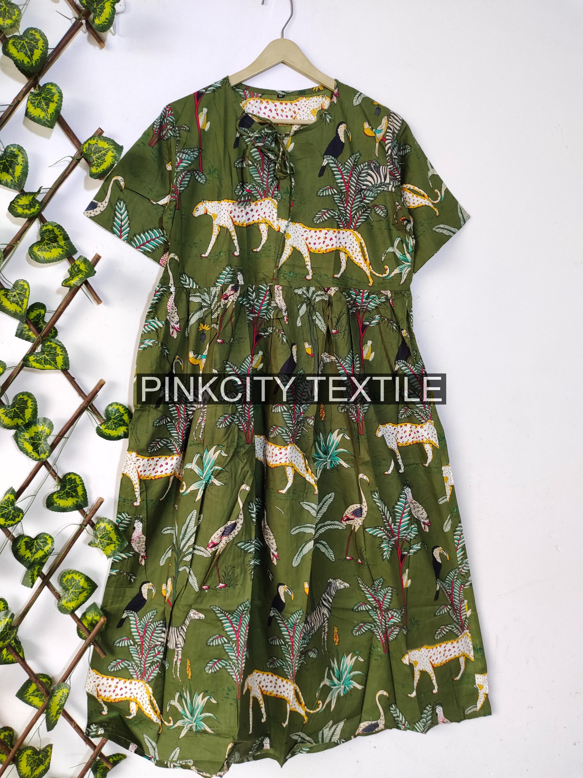 Stampa giungla verde Boho, abito da spiaggia per le vacanze, nuovo abito con stampa indiana, abito da donna, abito in cotone, abito estivo da donna, a