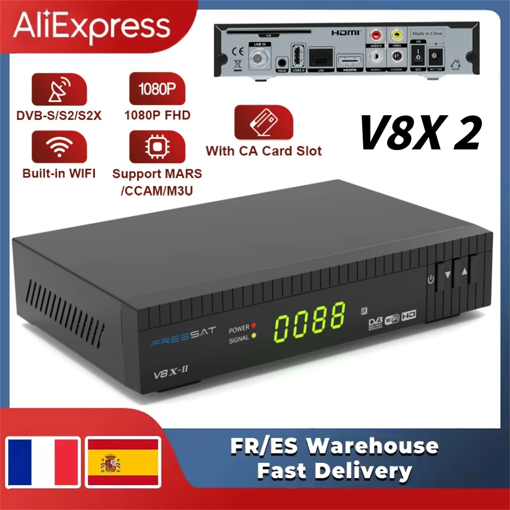 FREESAT V8X 2 Satellitenreceiver DVB-S/S2/S2X, Eingebautes 2,4G WLAN TV-Empfänger FUNCAM/MARS/CCAM 1080P FHD TV-Box Mit CA-Kartensteckplatz Image