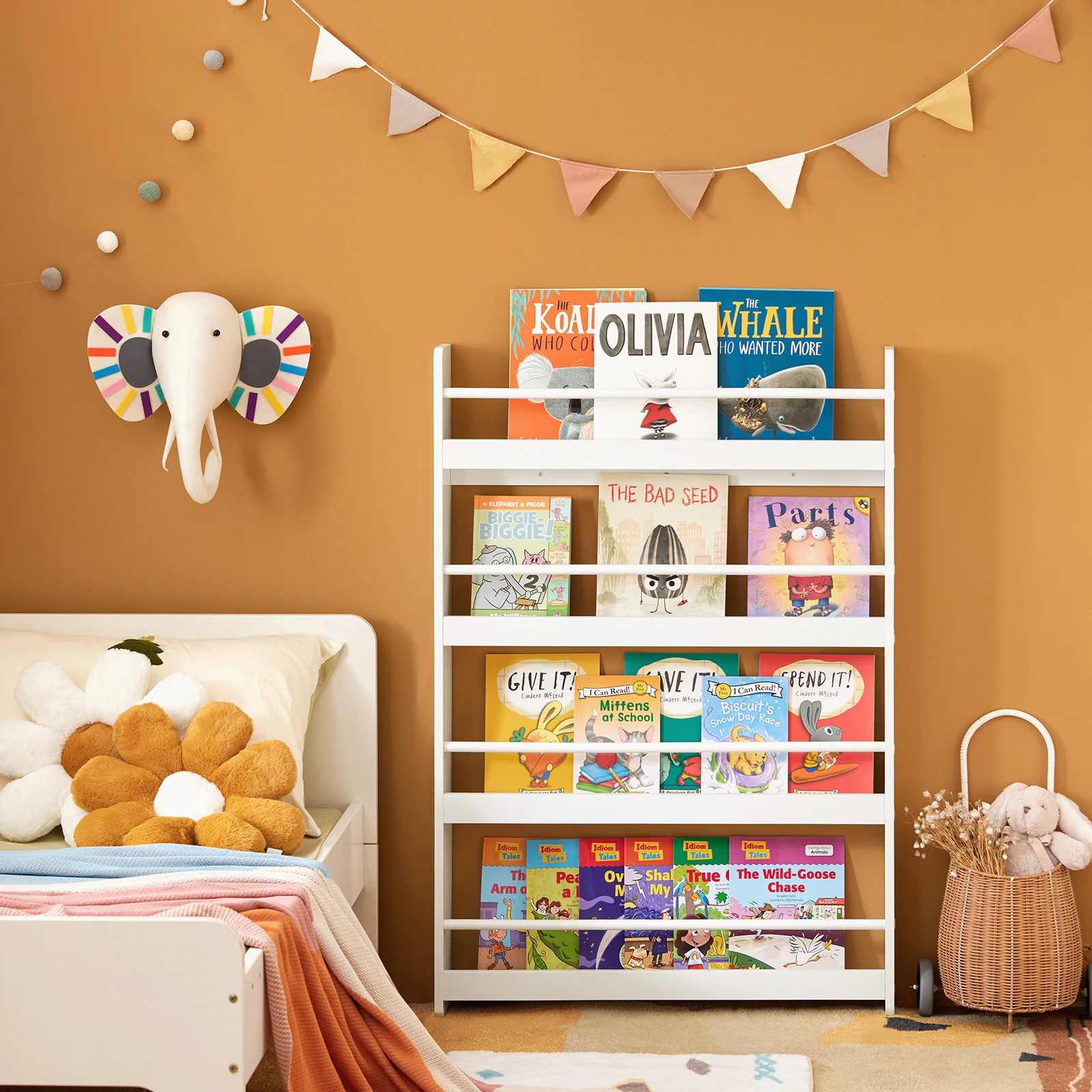 SoBuy KMB08-W Kinderregal Bücherregal für Kinder Wandregal Hängeregal Aufbewahrungsregal mit 4 Ablagen für Bücher und Deko Image