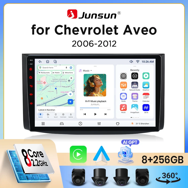 Junsun Wireless CarPlay Android Auto Autoradio für Chevrolet Aveo Mk1 (T250) 2006-2011 mit integriertem Lüfter, Android GPS-Navigation, Multimedia-Player, WiFi, DSP, RDS, BT, SWC, IPS-Touchscreen, Autoradio, Videoplayer, Head Unit, Stereo Image