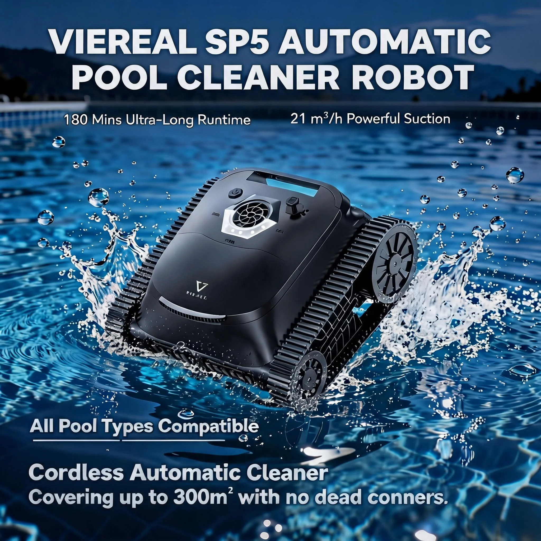 VIREAL Pool-Reinigungsroboter SP5, 180 Minuten Laufzeit, Wandkletterfunktion & Wasserlinienreinigung, bis zu 300 m², 4 Reinigungsmodi, intelligente Navigation, Ein-Tasten-Start, automatische Parkfunktion Image