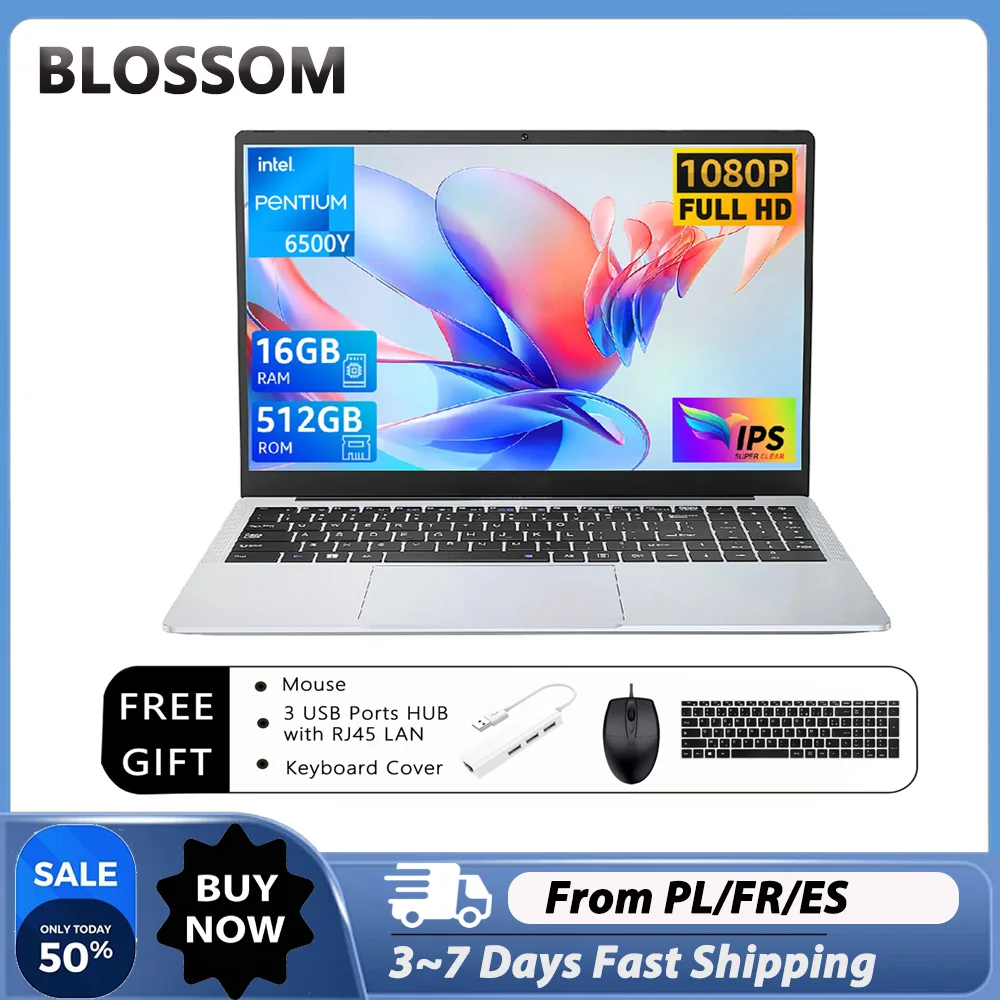Blossom 17,3-Zoll-6500Y-Laptop, Intel N5095 Prozessor, 16 GB RAM, 512 GB/1 TB SSD, leichtes tragbares Notebook, Tastatur mit Hintergrundbeleuchtung, Windows 11 Pro Image