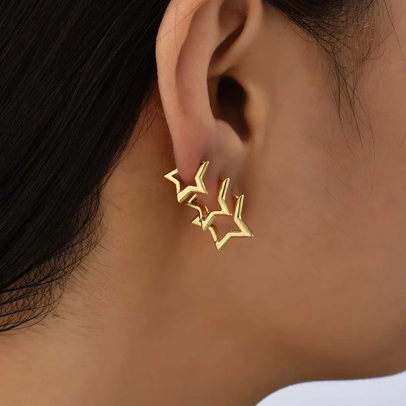 6 Teile/satz Vintage Glänzend Chic Silber Farbe Stern Creolen für Frauen Retro Pentagramm Huggie Hoops Täglichen Verschleiß Schmuck