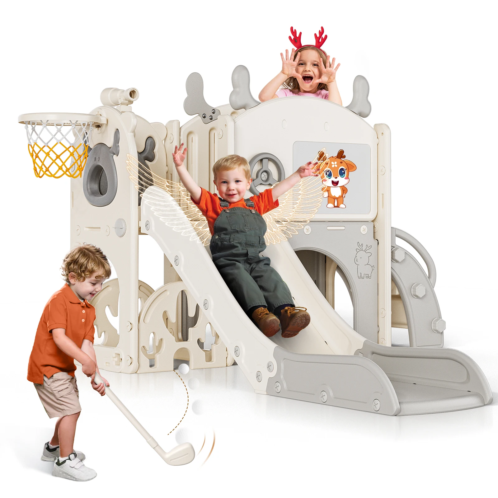 6-in-1 Kleinkind-Rutsche-Spielplatz-Set, Kletter- und Rutschset für drinnen, Basketballständer, als Geburtstagsgeschenk für Kinder Image