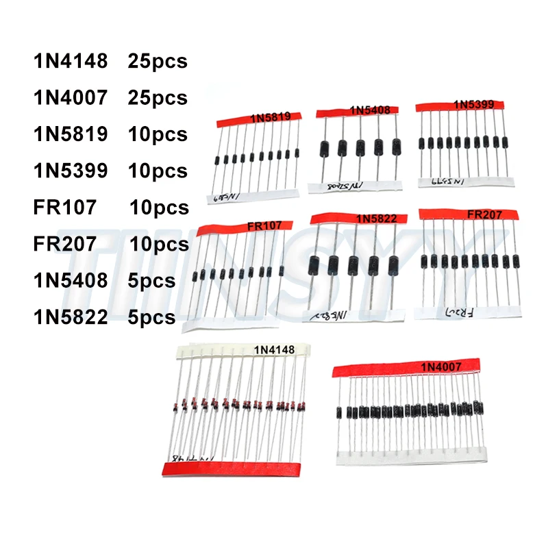 Schnell schaltbares Schottky-Dioden-Kit-Set 1N4148 1N4007 1N5819 1N5399 1N5408 1N5822 FR107 FR207, 8 Werte = 100 Stück, Elektronische Komponenten Image