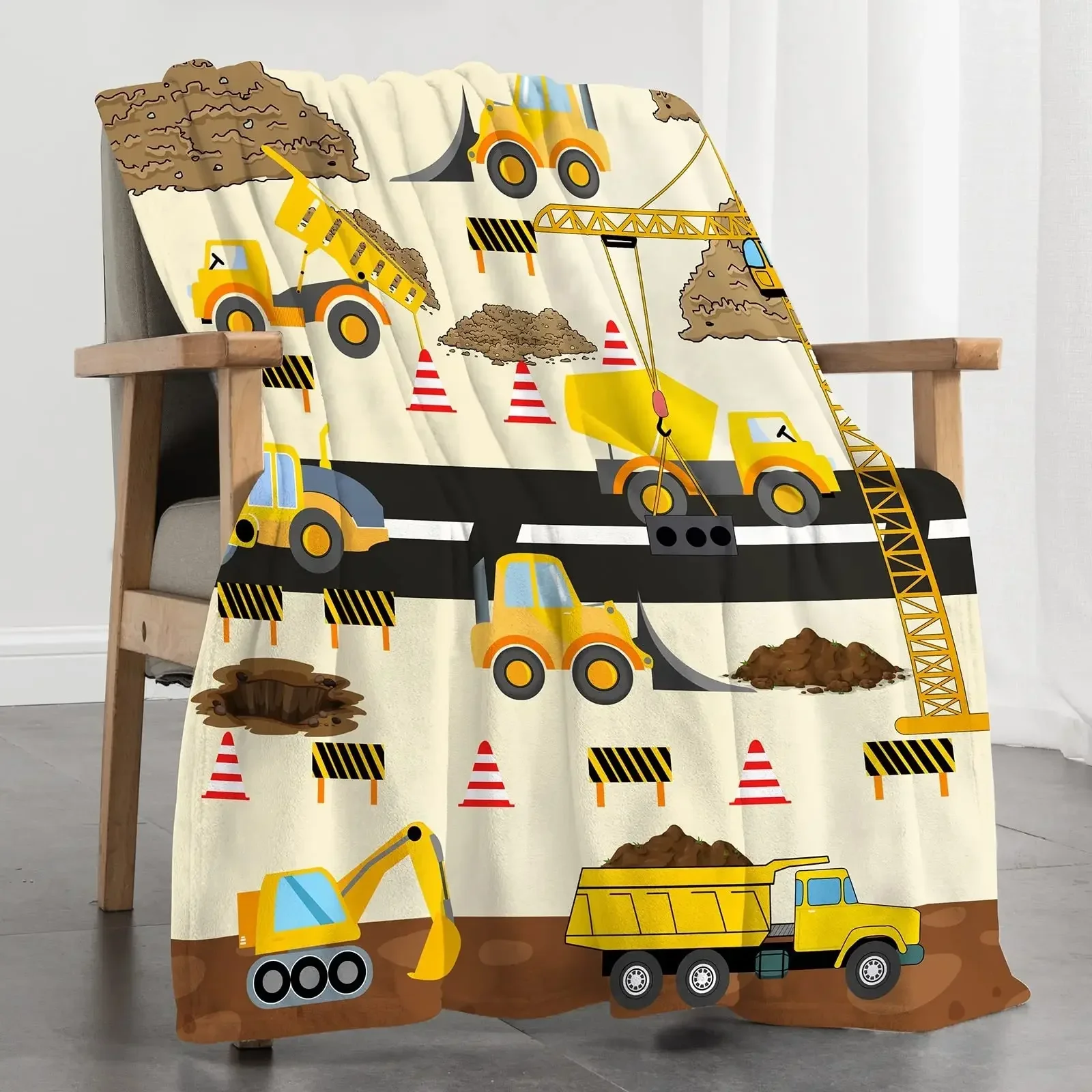AllSeason Kinder-Flanell-Überwurfdecke mit Cartoon-Motiv, Bau-LKW und Traktor für Jungen, perfekt für Sofa oder Bett Image