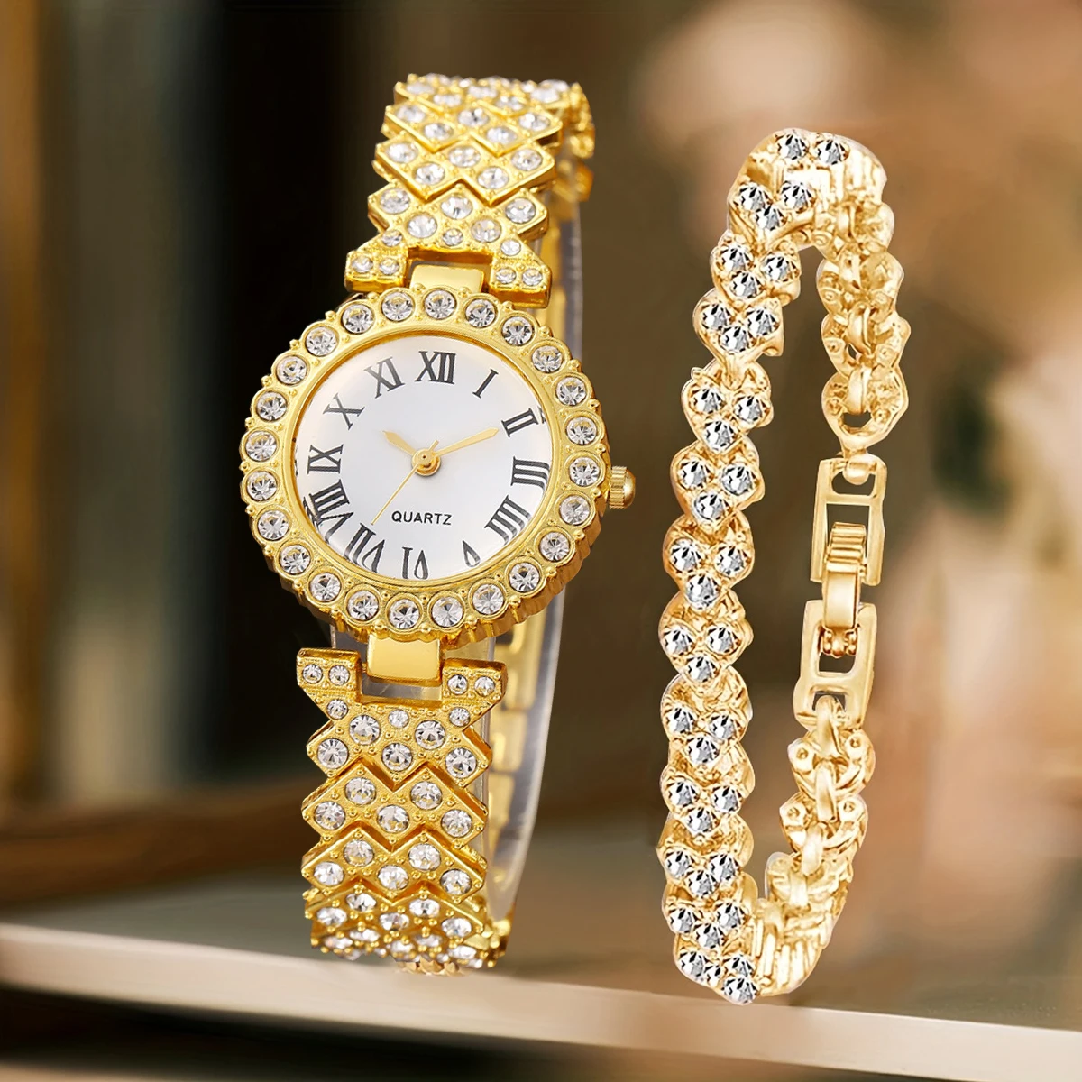 2-teiliges modisches Strass-Armbanduhr-Set für Damen, Quarzuhren, Reloj Mujer, Mädchenuhr, Geschenk (ohne Box) Image