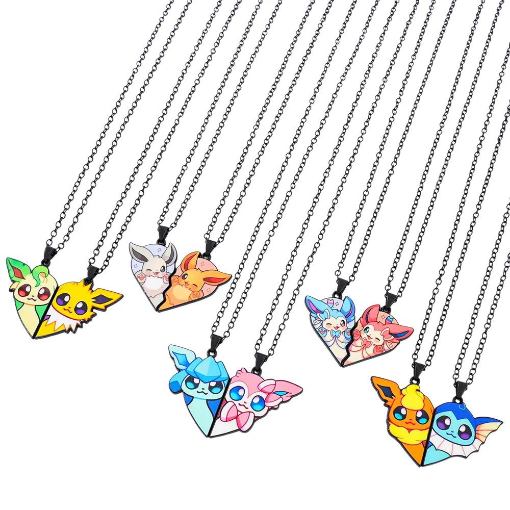 1 Paar süße Eevee-Paar-Halsketten, Herz-Puzzle-Anhänger, passende Liebesgeschenke, Anime-Schmuck für Paare und beste Freunde Image