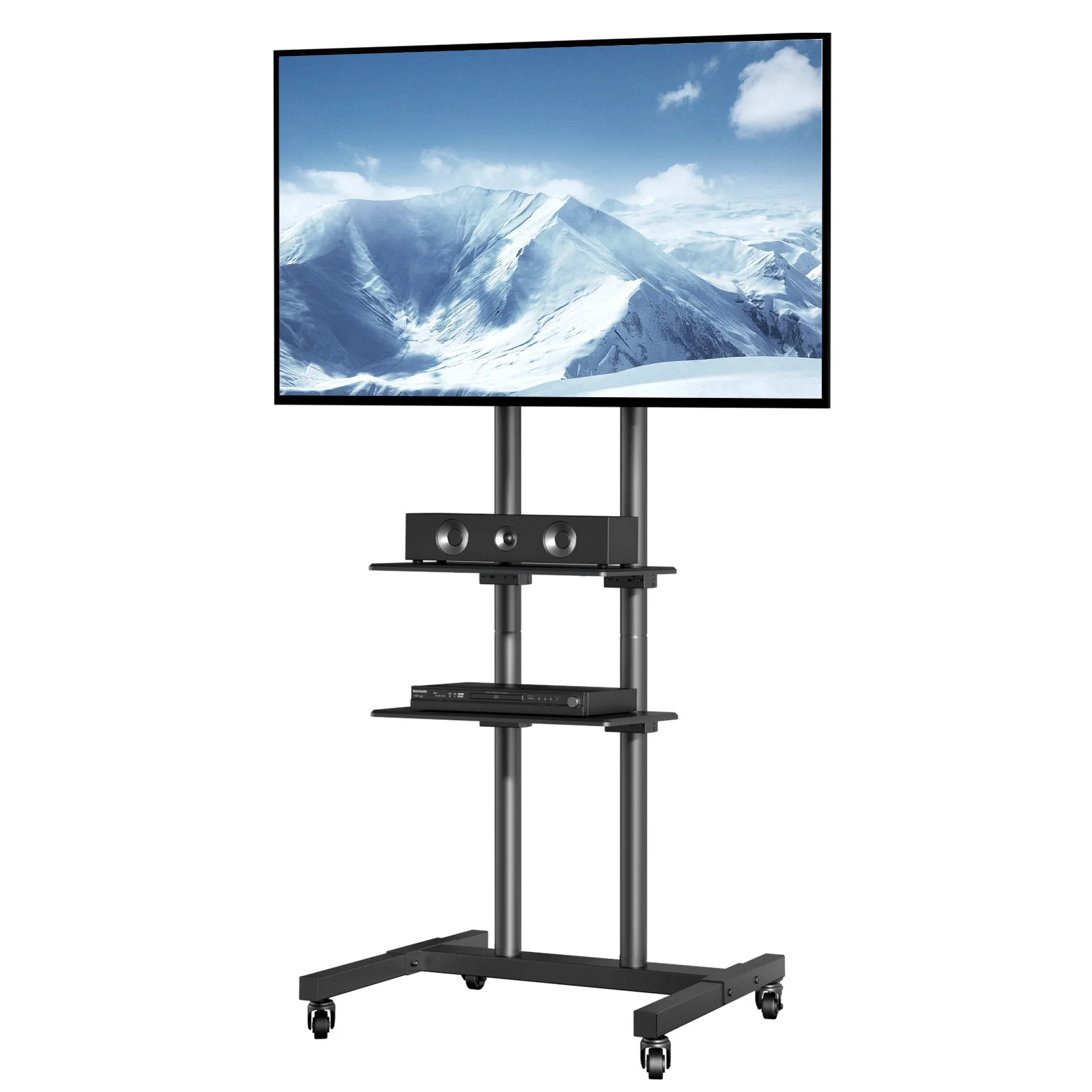 SucceBuy Mobiler TV-Ständer, höhenverstellbarer TV-Ständer mit Rollen, Doppeltablett für audiovisuelle Geräte, rollender TV-Ständer für Schlafzimmer Image