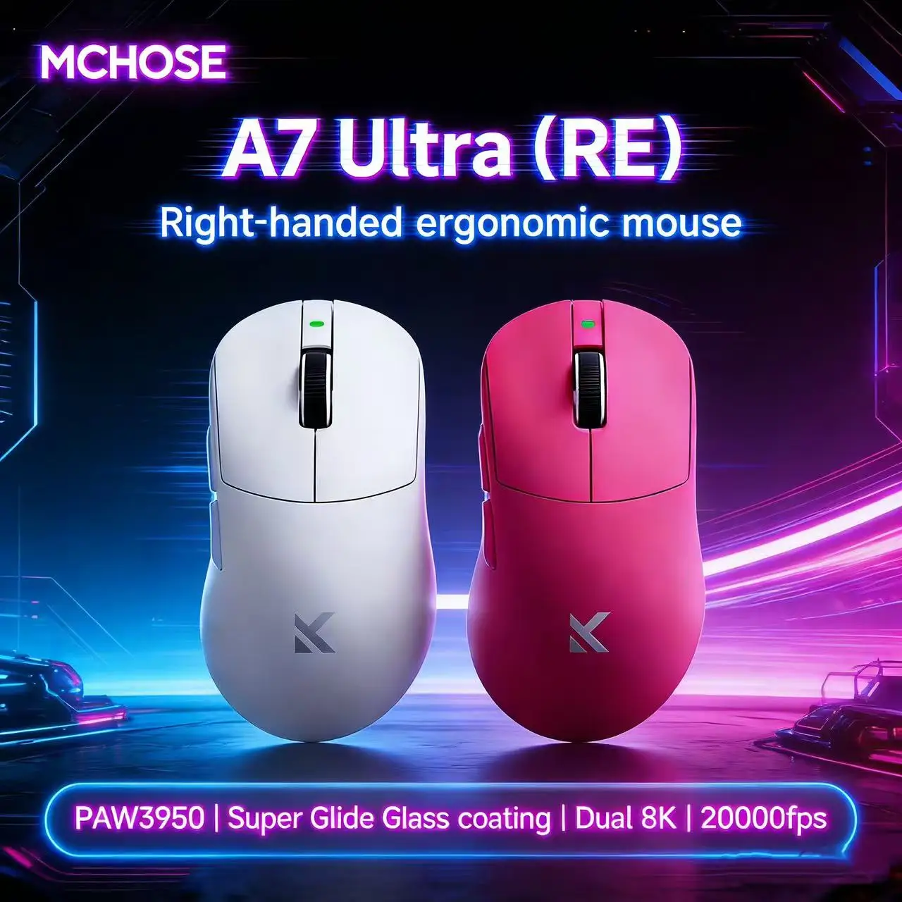 MCHOSE A7 Ultra RE Gaming-Maus Ergonomisches Design 8K 20000fps 42000DPI 750IPS Super Glide Beschichtung 500mAh Akku Leichtgewichtige Maus Image
