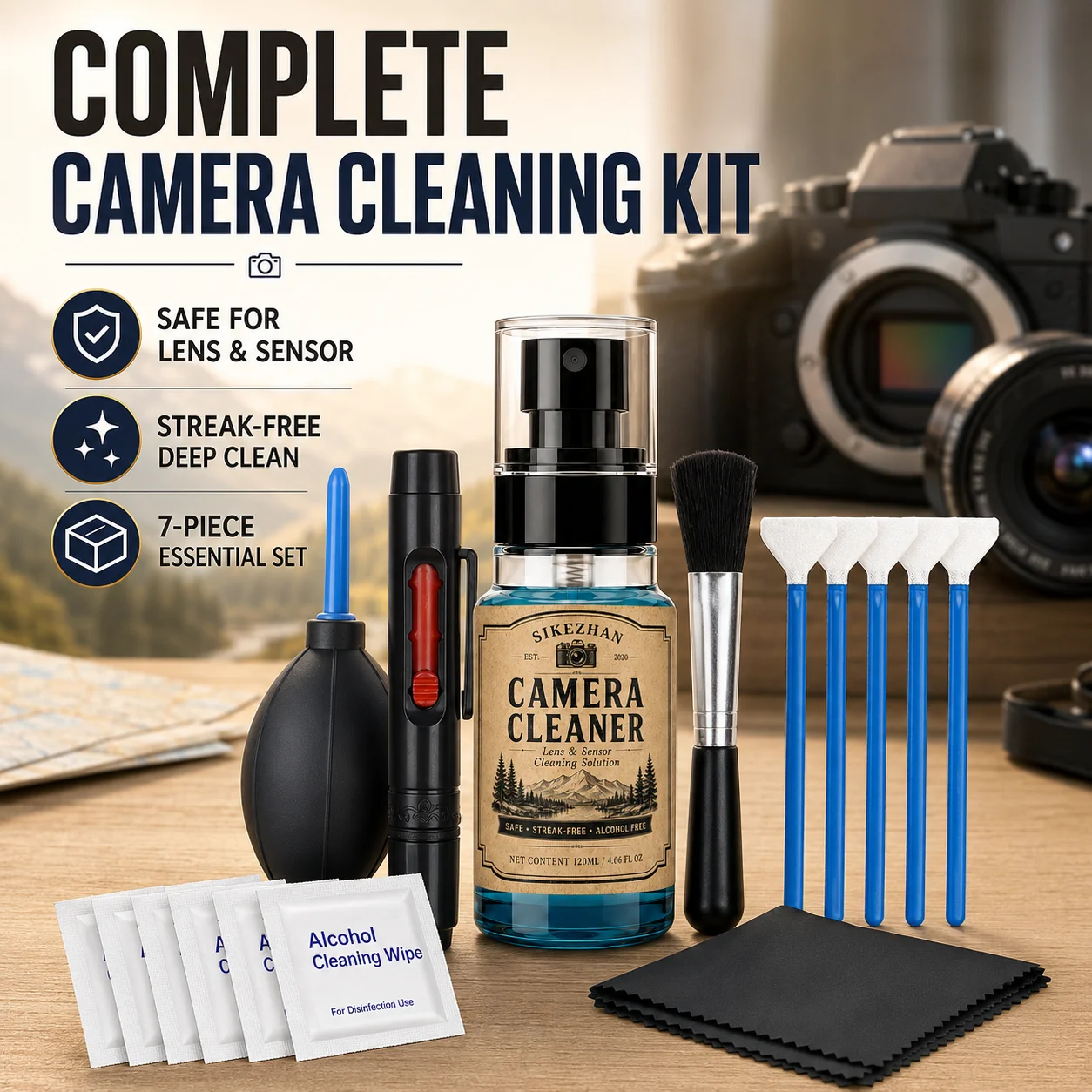 7-in-1 Kameraobjektiv-Sensor-Reinigungsset Reinigungsflüssigkeit Tupfer Luftgebläse Stiftbürste Mikrofasertuch Wischtücher für DSLR Canon Nikon Sony Image