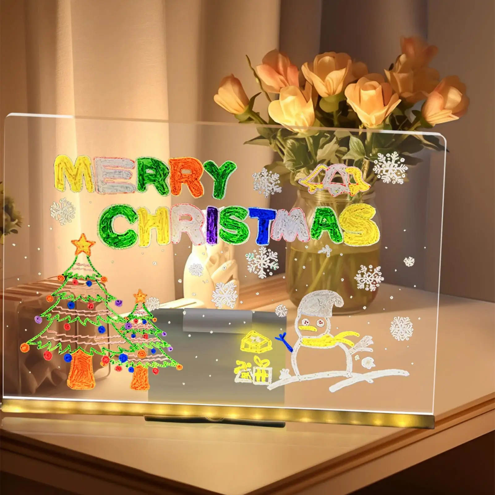 LED-Schreibtafel, klares Acryl-Bulletin-Whiteboard mit 12-Farben-Stiften und verstellbarem Klappständer, trocken abwischbares, leuchtendes Acryl Image