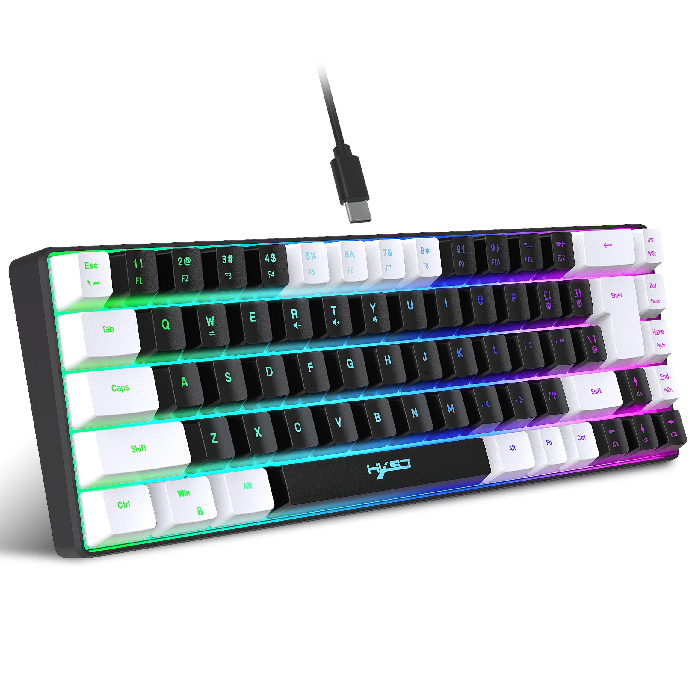 Gaming-Tastatur mit 68 Tasten, USB-Kabel, tragbar, 20 RGB-Hintergrundbeleuchtung, Schwarz-Weiß-Tastenkappen für Windows-Laptops, Computer Image