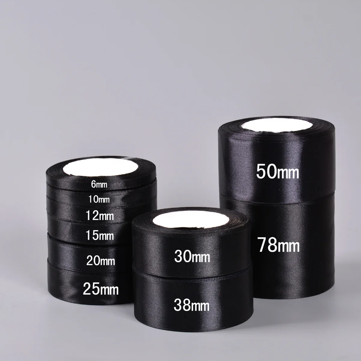 Schwarzes einseitiges Satinband, 6–10–12–15–20–25–40–50 mm, Geschenkverpackungsband, Weihnachten, Halloween, Geburtstag, Party-Dekoration Image